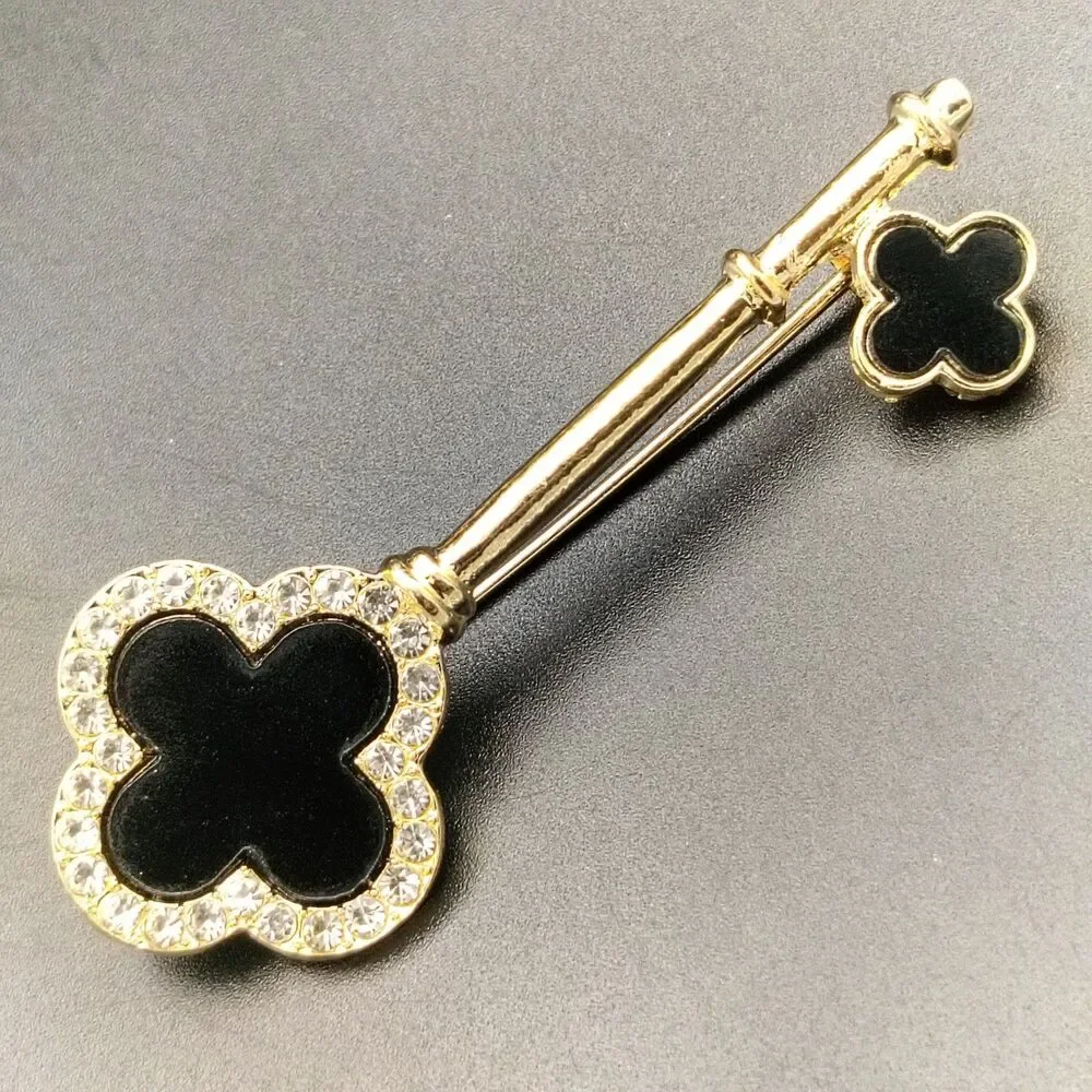 Elegant Gold Tone Key Brooch Pin Black Clover Rhinestone Fashion Jewelry Gift